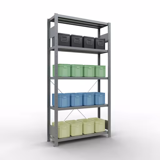 Produktbild Nr 15 des Artikels Grundregal, Fachbodenregal Stecksystem MULTIplus330, 2000 x 1000 x 300 mm (HxBxT), 5 Fachböden, Kreuzstrebe, verzinkt Abbildung Nr 15 des Artikels Grundregal, Fachbodenregal Stecksystem MULTIplus330, 2000 x 1000 x 300 mm (HxBxT), 5 Fachböden, Kreuzstrebe, verzinkt aus der Produktgruppe Stecksystem von der Marke Schulte Lagertechnik