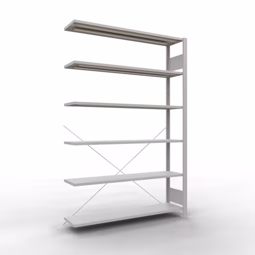 Anbauregal, Büro-Fachbodenregal Stecksystem MULTIplus85, 2000 x 1300 x 300 mm (HxBxT), 6 Fachböden, Kreuzstrebe, ohne Anschlagleiste, lichtgrau aus der Kategorie Stecksystem mit der Artikelnummer 36029