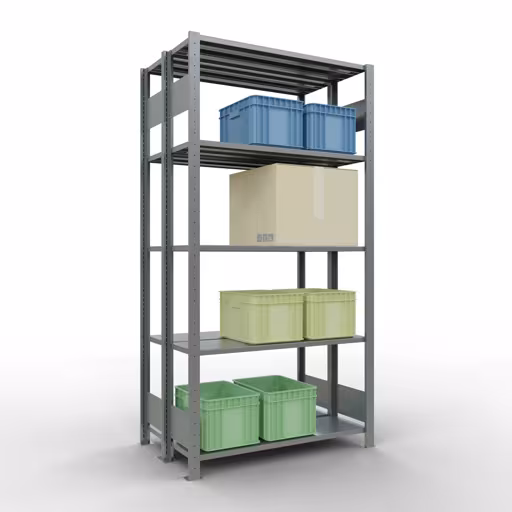Grundregal, Doppelregal, Fachbodenregal Stecksystem MULTIplus150, 2000 x 1000 x (2x300) mm (HxBxT), 2x5 Fachböden, Längenriegel, verzinkt von Schulte Lagertechnik mit der Artikelnr. 17830