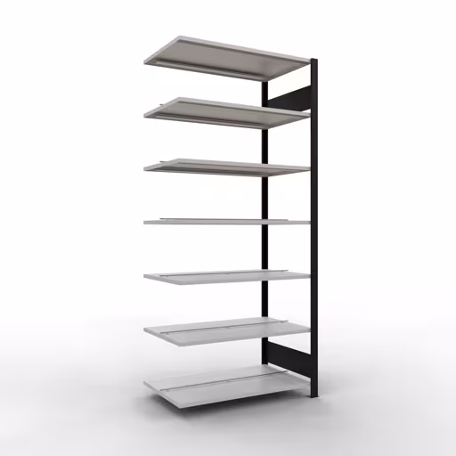 Anbauregal, Büro-Fachbodenregal Stecksystem MULTIplus150, 2300 x 1000 x 600 mm (HxBxT), 7 Fachböden, Längenriegel, mit Mittelanschlag, schwarz/lichtgrau aus der Kategorie Stecksystem mit der Artikelnummer 36052-S