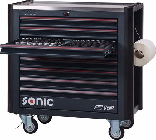 Chariot à outils Sonic NEXT S12, L 1004 x P 518 x H 1029 mm, capacité 900 kg, 8 tiroirs, coffret de 485 pièces, tôle d'acier, marque SONIC Chariot à outils Sonic NEXT S12, L1004 x P518 x H1029 mm, 900 kg, 8 tiroirs, coffret de 485 pièces, tôle d'acier, SONIC, catégorie chariots d'atelier, référence 4000871509