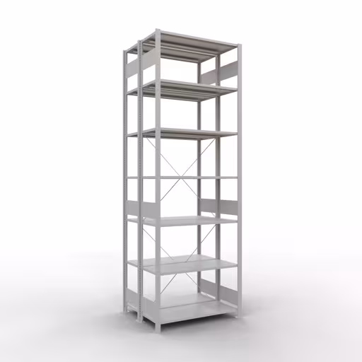 Weitere Ansicht des Artikels Grundregal, Doppelregal, Fachbodenregal Stecksystem MULTIplus150, 3000 x 1000 x (2x800) mm (HxBxT), 2x7 Fachböden, Kreuzstrebe, RAL 7035 lichtgrau aus der Kategorie Fachbodenregale