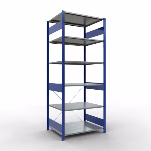 Andere Ansicht des Artikels Grundregal, Fachbodenregal Stecksystem MULTIplus150, 2500 x 1000 x 800 mm (HxBxT), 6 Fachböden, Kreuzstrebe, RAL 5010/verzinkt aus der Kategorie Stecksystem