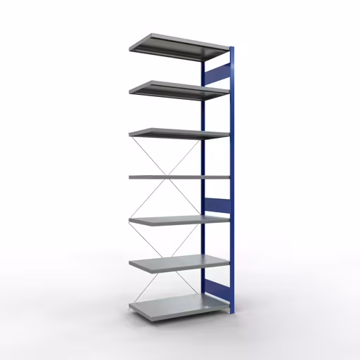 Anbauregal, Fachbodenregal Stecksystem MULTIplus250, 3000 x 1000 x 600 mm (HxBxT), 7 Fachböden, Kreuzstrebe, RAL 5010 enzianblau/verzinkt von der Marke Schulte Lagertechnik aus der Produktreihe Stecksystem