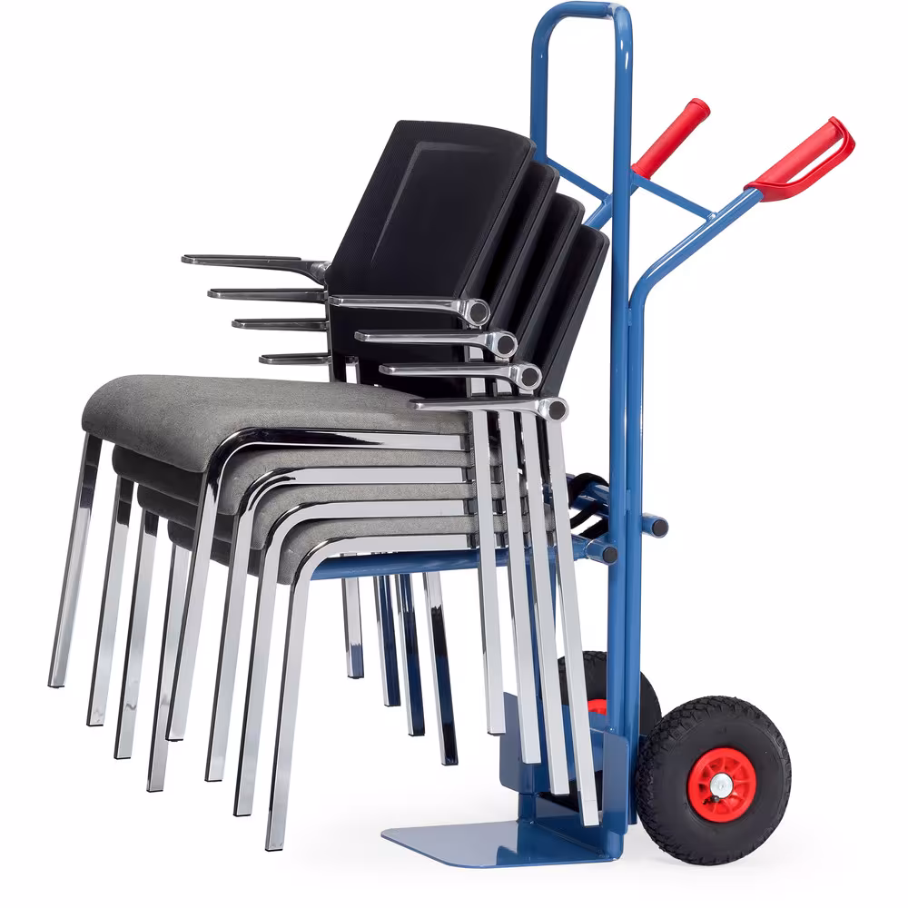 Stuhlkarre einhängbar Traggestell ist mit einem Handgriff an der Karre einhängbar, stufenlos höhenverstellbar und selbsthemmend Ausführung Bereifung: Luft mit der GTIN 4017976213354 Stuhlkarre B1335L Bereifung Luft von Fetra mit der Artikelnr. B1335L
