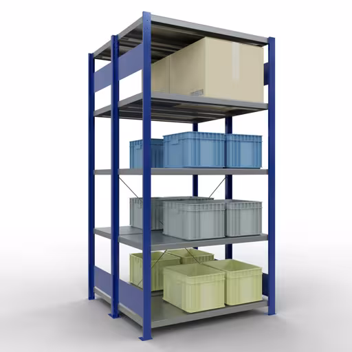 Produktbild Nr 16 des Artikels Grundregal, Doppelregal, Fachbodenregal Stecksystem MULTIplus250, 2000 x 1000 x (2x500) mm (HxBxT), 2x5 Fachböden, Kreuzstrebe, RAL 5010 enzianblau Abbildung Nr 16 des Artikels Grundregal, Doppelregal, Fachbodenregal Stecksystem MULTIplus250, 2000 x 1000 x (2x500) mm (HxBxT), 2x5 Fachböden, Kreuzstrebe, RAL 5010 enzianblau aus der Produktgruppe Fachbodenregale von der Marke Schulte Lagertechnik