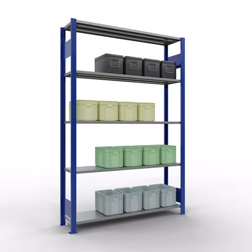 Zusatzbild des Artikels Grundregal, Fachbodenregal Stecksystem MULTIplus150, 2000 x 1300 x 300 mm (HxBxT), 5 Fachböden, Längenriegel, RAL 5010 enzianblau/verzinkt Zusatzbild des Artikels Grundregal, Fachbodenregal Stecksystem MULTIplus150, 2000 x 1300 x 300 mm (HxBxT), 5 Fachböden, Längenriegel, RAL 5010 enzianblau/verzinkt aus Grundregal