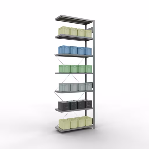 Produktbild Nr.6 des Artikels Anbauregal, Fachbodenregal Stecksystem MULTIplus250, 3000 x 1000 x 400 mm (HxBxT), 7 Fachböden, Kreuzstrebe, verzinkt aus der Produktreihe Stecksystem von der Marke Schulte Lagertechnik