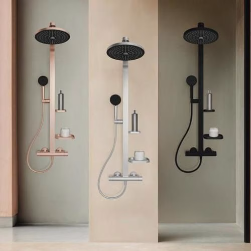 Detailbild 4010428 Ideal Standard Duschsystem CerathermAlu+ mit Brausethermostat, 2 Ablagen, 2-funktioniger Handbrause und 2-funktioniger Kopfbrause Silver