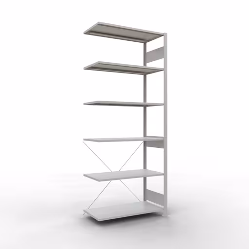 Anbauregal, Fachbodenregal Stecksystem MULTIplus85, 2500 x 1000 x 500 mm (HxBxT), 6 Fachböden, Kreuzstrebe, RAL 7035 lichtgrau von der Marke Schulte Lagertechnik Anbauregal, Fachbodenregal Stecksystem MULTIplus85, 2500 x 1000 x 500 mm (HxBxT), 6 Fachböden, Kreuzstrebe, RAL 7035 lichtgrau aus der Kategorie Anbauregal mit der Artikelnummer 33056