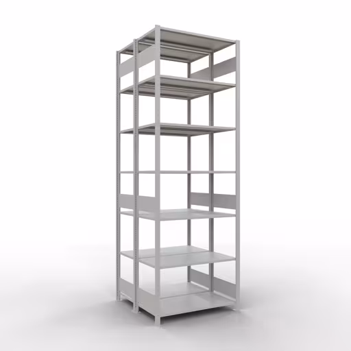 Andere Ansicht des Artikels Grundregal, Doppelregal, Fachbodenregal Stecksystem MULTIplus150, 3000 x 1000 x (2x500) mm (HxBxT), 2x7 Fachböden, Längenriegel, RAL 7035 lichtgrau aus der Kategorie Fachbodenregale