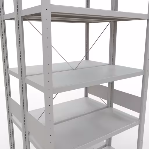 Grundregal, Doppelregal, Fachbodenregal Stecksystem MULTIplus250, 3000 x 1000 x (2x400) mm (HxBxT), 2x7 Fachböden, Kreuzstrebe, RAL 7035 lichtgrau mit der Artikelnr. 32142-G Grundregal, Doppelregal, Fachbodenregal Stecksystem MULTIplus250, 3000 x 1000 x (2x400) mm (HxBxT), 2x7 Fachböden, Kreuzstrebe, RAL 7035 lichtgrau von Schulte Lagertechnik aus der Kategorie Fachbodenregale