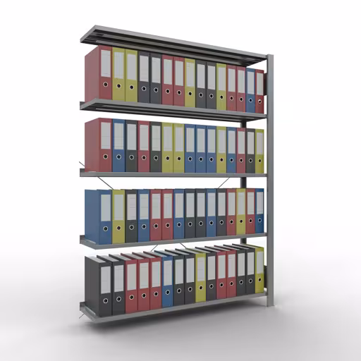 Abbildung Nr 9 des Artikels Anbauregal, Büro-Fachbodenregal Stecksystem MULTIplus85, 1800 x 1300 x 300 mm (HxBxT), 5 Fachböden, Kreuzstrebe, verzinkt, mit Anschlagleiste aus der Produktgruppe Büroregale von der Marke Schulte Lagertechnik