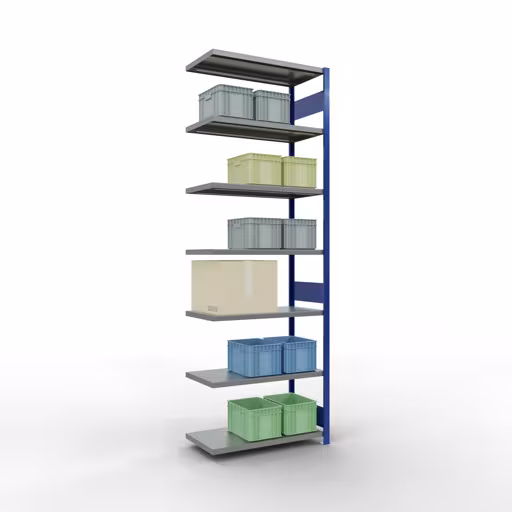 Anbauregal, Fachbodenregal Stecksystem MULTIplus330, 3000 x 1000 x 500 mm (HxBxT), 7 Fachböden, Längenriegel, RAL 5010 enzianblau/verzinkt von der Marke Schulte Lagertechnik aus der Produktreihe Stecksystem