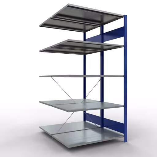 Anbauregal, Doppelregal, Fachbodenregal Stecksystem MULTIplus150, 2000 x 1000 x (2x600) mm (HxBxT), 2x5 Fachböden, Kreuzstrebe, RAL 5010 enzianblau von der Marke Schulte Lagertechnik aus der Produktreihe Fachbodenregale