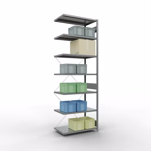 Anbauregal, Fachbodenregal Stecksystem MULTIplus250, 3000 x 1000 x 600 mm (HxBxT), 7 Fachböden, Kreuzstrebe, verzinkt aus der Kategorie Anbauregal mit der GTIN 4004514203069 Anbauregal, Fachbodenregal Stecksystem MULTIplus250, 3000 x 1000 x 600 mm (HxBxT), 7 Fachböden, Kreuzstrebe, verzinkt von der Marke Schulte Lagertechnik aus der Produktreihe Stecksystem