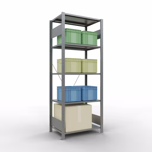 Zusatzbild des Artikels Grundregal, Fachbodenregal Stecksystem MULTIplus150, 2000 x 750 x 500 mm (HxBxT), 5 Fachböden, Kreuzstrebe, verzinkt Zusatzbild des Artikels Grundregal, Fachbodenregal Stecksystem MULTIplus150, 2000 x 750 x 500 mm (HxBxT), 5 Fachböden, Kreuzstrebe, verzinkt aus Grundregal