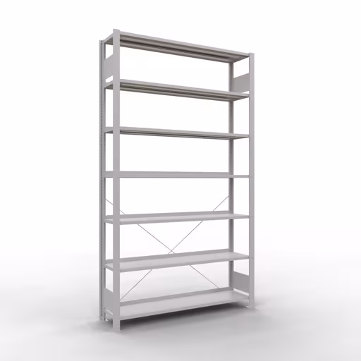 Grundregal, Büro-Fachbodenregal Stecksystem MULTIplus85, 2300 x 1300 x 300 mm (HxBxT), 7 Fachböden, Kreuzstrebe, mit Anschlagleiste, lichtgrau aus der Kategorie Stecksystem mit der Artikelnummer 36014