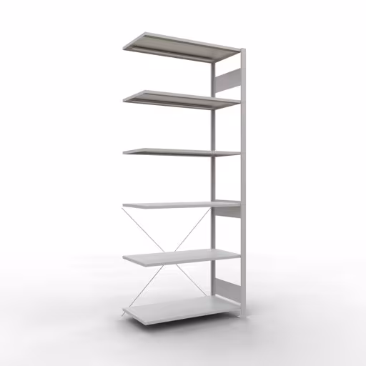 Anbauregal, Fachbodenregal Stecksystem MULTIplus150, 2500 x 1000 x 500 mm (HxBxT), 6 Fachböden, Kreuzstrebe, RAL 7035 lichtgrau aus der Kategorie Anbauregal mit der Artikelnummer 32656