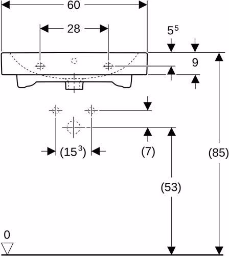 Technische Zeichnung 3980588 Waschtisch iCon mit Hahnloch, mit Überlauf 600 x 485 mm weiß GEBERIT