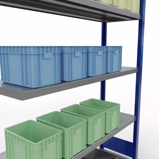 Abbildung Nr 13 des Artikels Anbauregal, Fachbodenregal Stecksystem MULTIplus250, 2000 x 1300 x 400 mm (HxBxT), 5 Fachböden, Längenriegel, RAL 5010 enzianblau/verzinkt aus der Produktgruppe Stecksystem von der Marke Schulte Lagertechnik