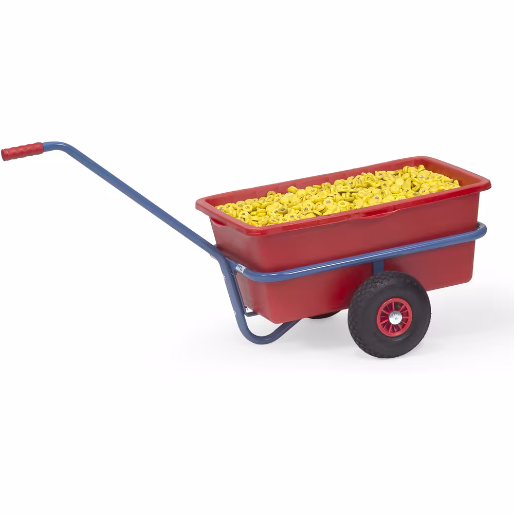 Handwagen leicht Wanne aus Stahlrohr geschweißt, pulverbeschichtet blau RAL 5007, Deichsel anschraubbar Ausführung Bereifung: Luft mit der GTIN 4017976341019 Handwagen 4101L - Lufträder Ø260 mm Breite 332 mm, Länge 632 mm von Fetra mit der Artikelnr. 4101L
