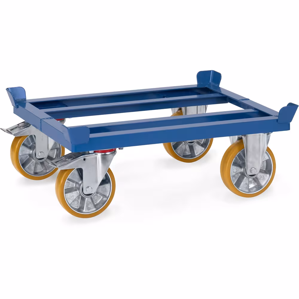 Paletten-Fahrgestell 22849 - Polyurethan Breite 610 mm, Länge 810 mm von der Marke Fetra Paletten-Fahrgestell - für Flachpaletten und Gitterboxen. Robuste Winkelstahl-Schweißkonstruktion, mit 4 Fangecken, pulverbeschichtet, blau RAL 5007 Typ Ladeflächenbreite: 610 mm aus der Kategorie Paletten-Fahrgestelle mit der Artikelnr. 22849