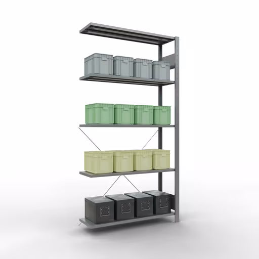 Produktbild Nr.6 des Artikels Anbauregal, Fachbodenregal Stecksystem MULTIplus150, 2000 x 1000 x 300 mm (HxBxT), 5 Fachböden, Kreuzstrebe, verzinkt - Expressline aus der Produktreihe Stecksystem von der Marke Schulte Lagertechnik
