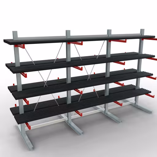 Abbildung Nr 12 des Artikels K 6000 Komplettregal, doppelseitig, 3000 x 6000 x 2x 750 mm, RAL 7001 / RAL 3000, 5 Lagerebenen aus der Produktgruppe Kragarmregale von der Marke Schulte Lagertechnik