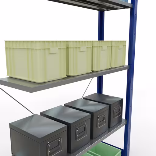 Zusatzbild des Artikels Anbauregal, Fachbodenregal Stecksystem MULTIplus150, 2000 x 1000 x 300 mm (HxBxT), 5 Fachböden, Kreuzstrebe, RAL 5010/verzinkt Zusatzbild des Artikels Anbauregal, Fachbodenregal Stecksystem MULTIplus150, 2000 x 1000 x 300 mm (HxBxT), 5 Fachböden, Kreuzstrebe, RAL 5010/verzinkt aus Anbauregal