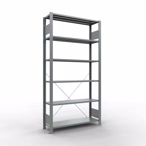 Grundregal, Büro-Fachbodenregal Stecksystem MULTIplus85, 2000 x 1000 x 300 mm (HxBxT), 6 Fachböden, Kreuzstrebe, verzinkt, ohne Anschlagleiste aus der Kategorie Stecksystem mit der Artikelnummer 17725