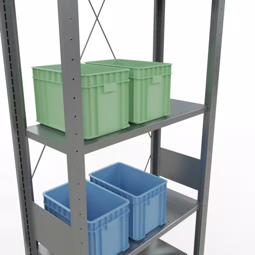 Grundregal, Fachbodenregal Stecksystem MULTIplus150, 3000 x 750 x 300 mm (HxBxT), 7 Fachböden, Kreuzstrebe, verzinkt mit der GTIN 4004514204882 Grundregal, Fachbodenregal Stecksystem MULTIplus150, 3000 x 750 x 300 mm (HxBxT), 7 Fachböden, Kreuzstrebe, verzinkt von Schulte Lagertechnik mit der Artikelnr. 12732-75