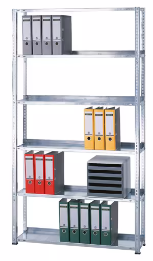Grundregal, Büro-Fachbodenregal Schraubsystem MULTIplus85, 2000 x 1300 x 300 mm (HxBxT), 6 Fachböden, verzinkt, mit Anschlagleiste aus der Kategorie Schraubsystem mit der Artikelnummer 17122