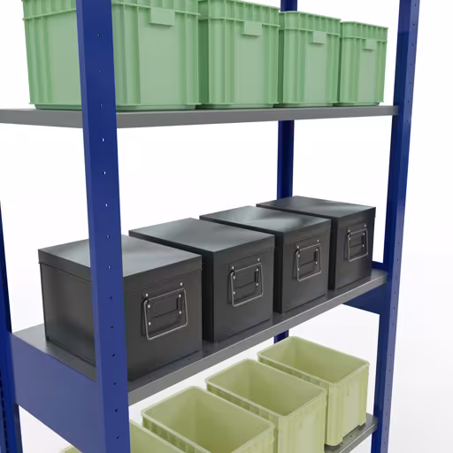 Produktbild Nr 15 des Artikels Grundregal, Fachbodenregal Stecksystem MULTIplus85, 2500 x 1000 x 400 mm (HxBxT), 6 Fachböden, Längenriegel, RAL 5010 enzianblau Abbildung Nr 15 des Artikels Grundregal, Fachbodenregal Stecksystem MULTIplus85, 2500 x 1000 x 400 mm (HxBxT), 6 Fachböden, Längenriegel, RAL 5010 enzianblau aus der Produktgruppe Stecksystem von der Marke Schulte Lagertechnik