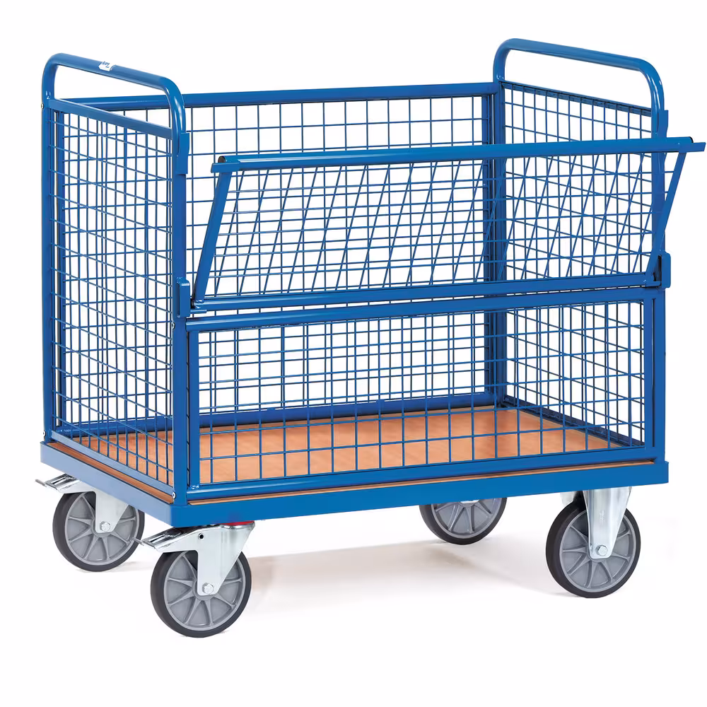 Drahtkastenwagen Deckel pulverbeschichtet blau RAL 5007, Boden aus Holzwerkstoffplatte, Oberfläche Buchendekor von Fetra Drahtkastenwagen Deckel pulverbeschichtet blau RAL 5007, Boden aus Holzwerkstoffplatte, Oberfläche Buchendekor aus der Kategorie Wagen