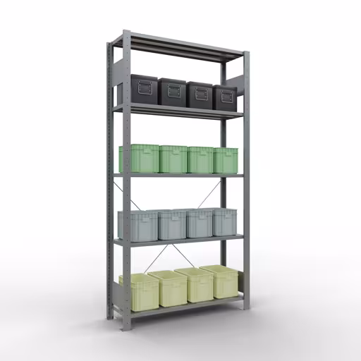 Zusatzbild des Artikels Grundregal, Fachbodenregal Stecksystem MULTIplus150, 2000 x 1000 x 300 mm (HxBxT), 5 Fachböden, Kreuzstrebe, verzinkt - Expressline Zusatzbild des Artikels Grundregal, Fachbodenregal Stecksystem MULTIplus150, 2000 x 1000 x 300 mm (HxBxT), 5 Fachböden, Kreuzstrebe, verzinkt - Expressline aus Grundregal