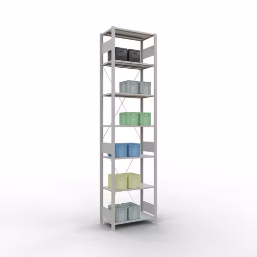 Grundregal, Fachbodenregal Stecksystem MULTIplus150, 3000 x 750 x 400 mm (HxBxT), 7 Fachböden, Kreuzstrebe, RAL 7035 lichtgrau mit der Artikelnr. 32642-75 Grundregal, Fachbodenregal Stecksystem MULTIplus150, 3000 x 750 x 400 mm (HxBxT), 7 Fachböden, Kreuzstrebe, RAL 7035 lichtgrau von Schulte Lagertechnik aus der Kategorie Stecksystem