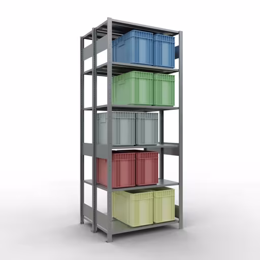 Produktbild Nr 14 des Artikels Grundregal, Doppelregal, Fachbodenregal Stecksystem MULTIplus150, 2500 x 1000 x (2x400) mm (HxBxT), 2x6 Fachböden, Längenriegel, verzinkt Abbildung Nr 14 des Artikels Grundregal, Doppelregal, Fachbodenregal Stecksystem MULTIplus150, 2500 x 1000 x (2x400) mm (HxBxT), 2x6 Fachböden, Längenriegel, verzinkt aus der Produktgruppe Fachbodenregale von der Marke Schulte Lagertechnik