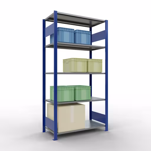 Abbildung Nr 13 des Artikels Grundregal, Fachbodenregal Stecksystem MULTIplus85, 2000 x 1000 x 500 mm (HxBxT), 5 Fachböden, Längenriegel, RAL 5010 enzianblau aus der Produktgruppe Stecksystem von der Marke Schulte Lagertechnik