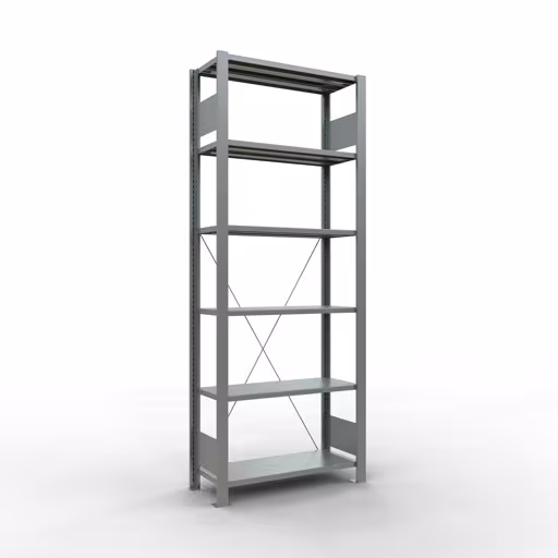 Grundregal, Büro-Fachbodenregal Stecksystem MULTIplus85, 2000 x 750 x 300 mm (HxBxT), 6 Fachböden, Kreuzstrebe, verzinkt, ohne Anschlagleiste aus der Kategorie Stecksystem mit der Artikelnummer 17724