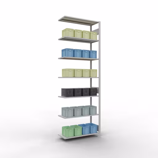 Abbildung Nr 12 des Artikels Anbauregal, Fachbodenregal Stecksystem MULTIplus85, 3000 x 1000 x 400 mm (HxBxT), 7 Fachböden, Längenriegel, RAL 7035 lichtgrau aus der Produktgruppe Stecksystem von der Marke Schulte Lagertechnik