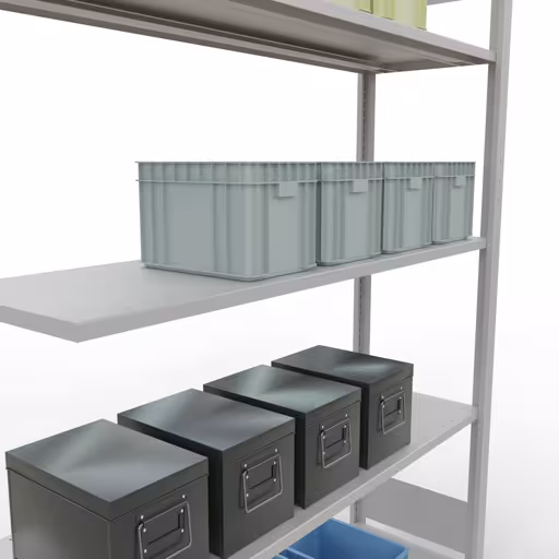 Anbauregal, Fachbodenregal Stecksystem MULTIplus150, 2000 x 1300 x 400 mm (HxBxT), 5 Fachböden, Längenriegel, RAL 7035 lichtgrau mit der GTIN 4004514292865 Anbauregal, Fachbodenregal Stecksystem MULTIplus150, 2000 x 1300 x 400 mm (HxBxT), 5 Fachböden, Längenriegel, RAL 7035 lichtgrau von Schulte Lagertechnik mit der Artikelnr. 32645-130-LR