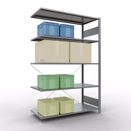 Stecksystem Anbauregal 2000x1300x600 mm, Typ 150 kg, verzinkt mit der GTIN 4004514217707 Stecksystem Anbauregal 2000x1300x600 mm, Typ 150 kg, verzinkt von Schulte Lagertechnik mit der Artikelnr. 12765-130