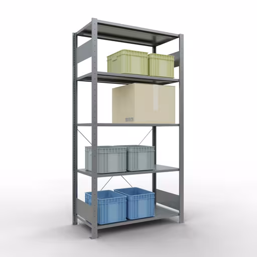 Grundregal, Fachbodenregal Stecksystem MULTIplus150, 2000 x 1000 x 500 mm (HxBxT), 5 Fachböden, Kreuzstrebe, verzinkt von Schulte Lagertechnik mit der Artikelnr. 12750