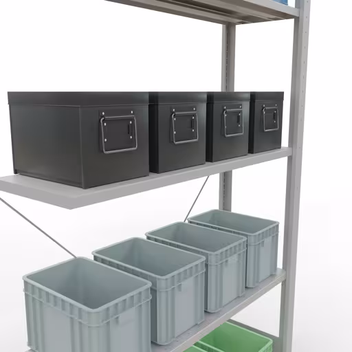 Abbildung Nr 13 des Artikels Anbauregal, Fachbodenregal Stecksystem MULTIplus85, 2000 x 1000 x 300 mm (HxBxT), 5 Fachböden, Kreuzstrebe, RAL 7035 lichtgrau aus der Produktgruppe Stecksystem von der Marke Schulte Lagertechnik