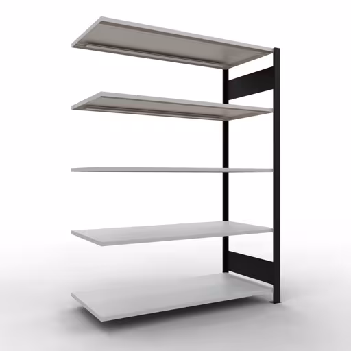Anbauregal, Büro-Fachbodenregal Stecksystem MULTIplus150, 1800 x 1300 x 600 mm (HxBxT), 5 Fachböden, Längenriegel, ohne Mittelanschlag, schwarz/lichtgrau aus der Kategorie Stecksystem mit der Artikelnummer 36059-S