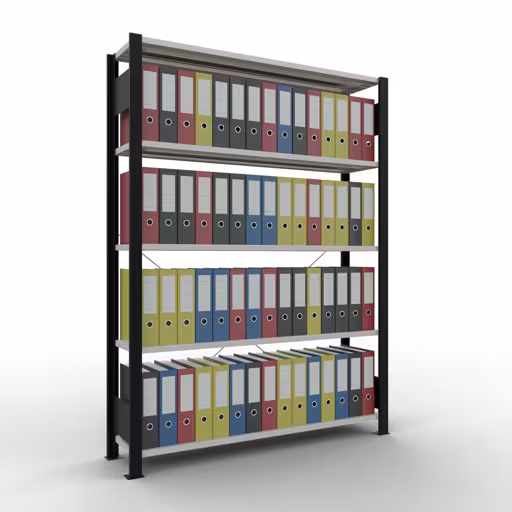 Grundregal, Büro-Fachbodenregal Stecksystem MULTIplus85, 1800 x 1300 x 300 mm (HxBxT), 5 Fachböden, Kreuzstrebe, ohne Anschlagleiste, schwarz/lichtgrau von der Marke Schulte Lagertechnik aus der Produktreihe Büroregale