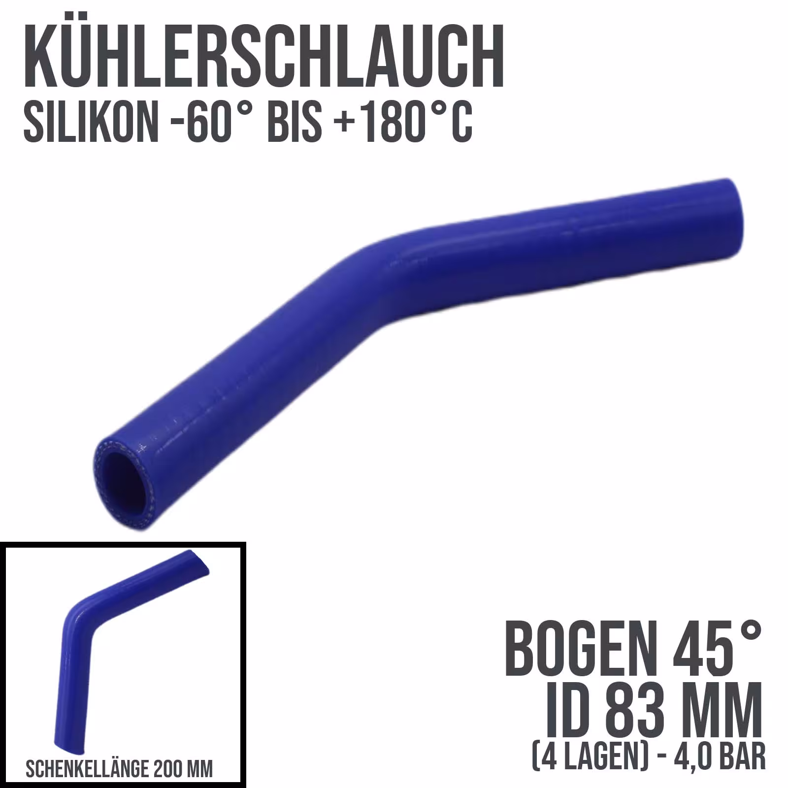 83 x 93 mm Kühlerschlauch Silikon Bogen 45° LLK Ladeluft Kühlmittel Schlauch blau (4,0 bar) - 200 mm von der Marke DEINSCHLAUCH24 aus der Produktreihe Technische Schläuche