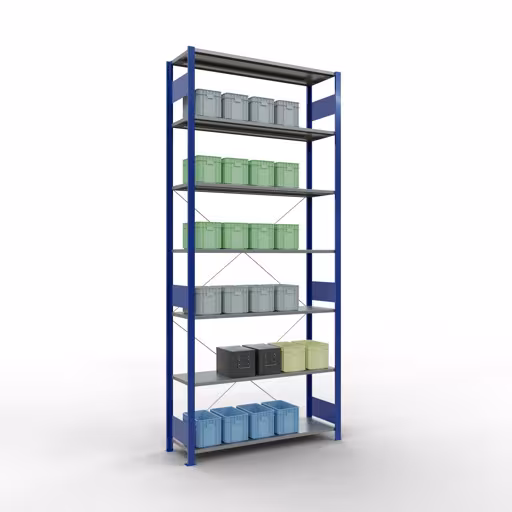 Produktbild Nr.6 des Artikels Grundregal, Fachbodenregal Stecksystem MULTIplus150, 3000 x 1300 x 400 mm (HxBxT), 7 Fachböden, Kreuzstrebe, RAL 5010 enzianblau/verzinkt aus der Produktreihe Stecksystem von der Marke Schulte Lagertechnik