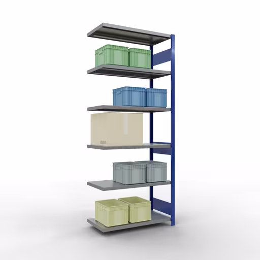 Abbildung Nr 13 des Artikels Anbauregal, Fachbodenregal Stecksystem MULTIplus330, 2500 x 1000 x 500 mm (HxBxT), 6 Fachböden, Längenriegel, RAL 5010 enzianblau/verzinkt aus der Produktgruppe Stecksystem von der Marke Schulte Lagertechnik